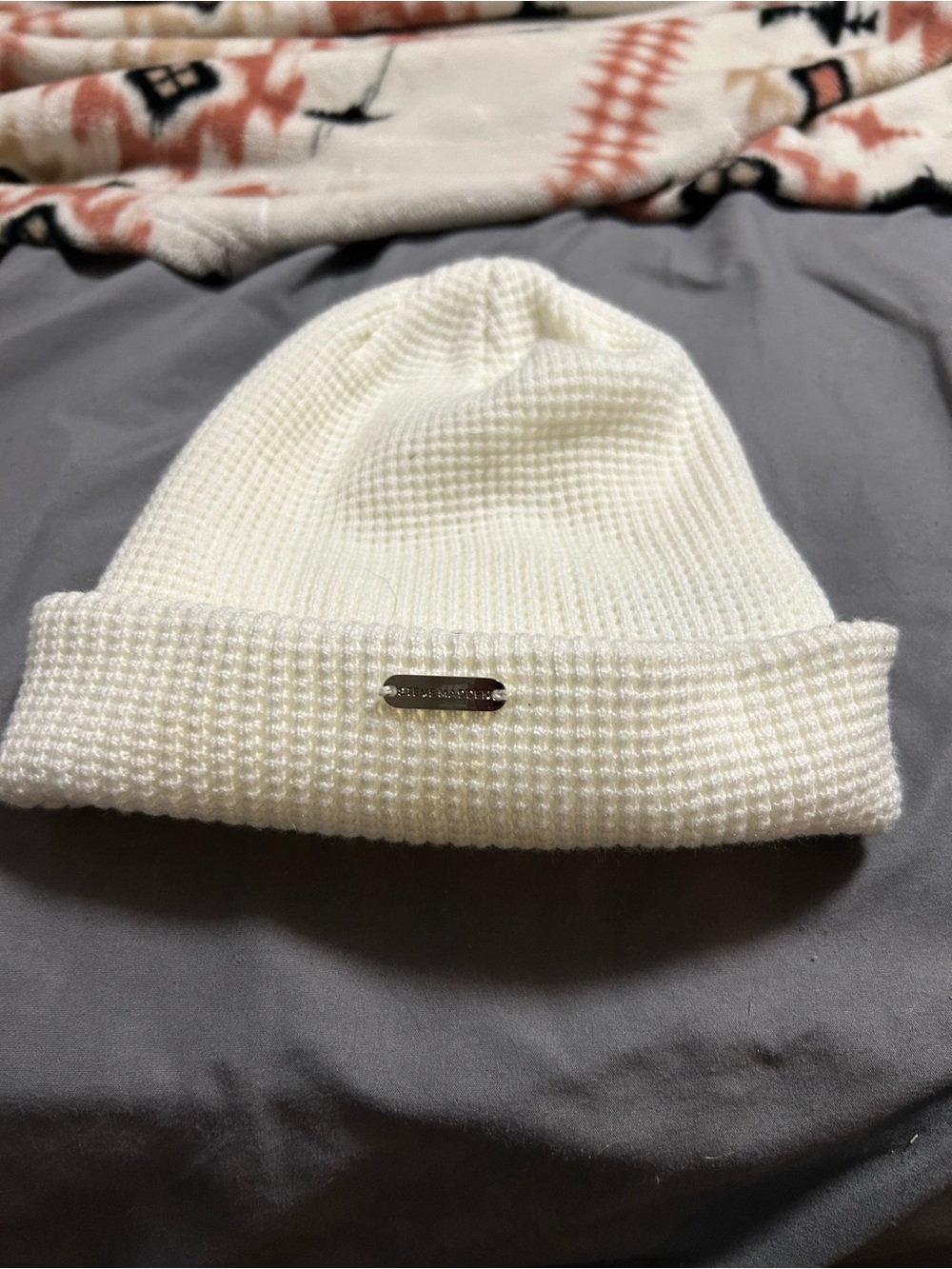 Ivory Knit Beanie with Metal Logo Plaque